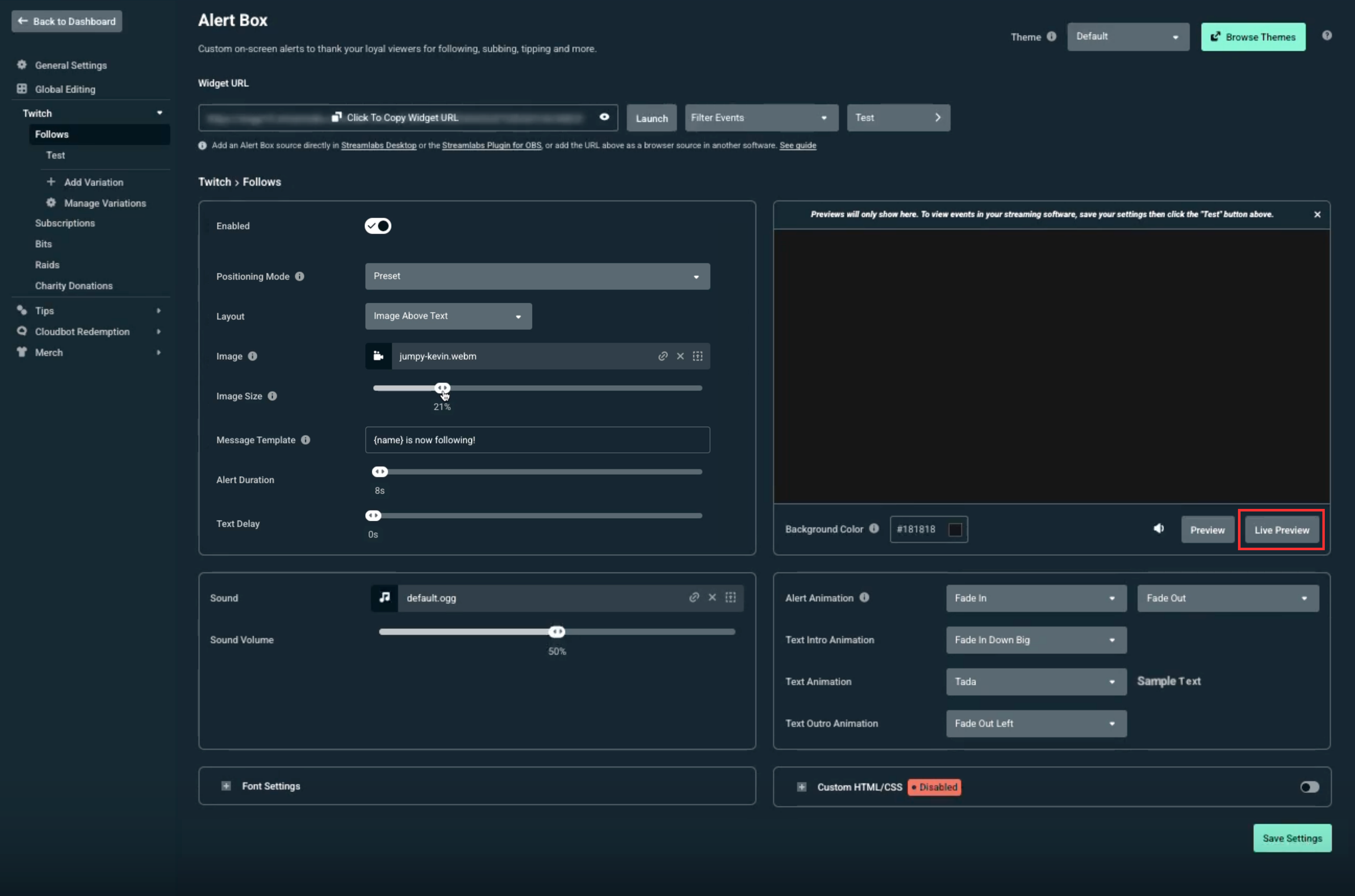 Live Preview button in Dashboard alert box settings